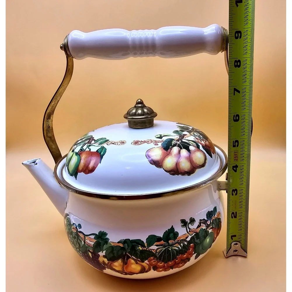 Vintage Enamel Fruit‎ Kettle 2 Quart Tea Pot White Gold Trim Induction Stovetop